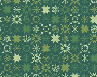 May include: A seamless pattern featuring a variety of green and white geometric shapes, including stars, snowflakes, and squares, on a dark green background.