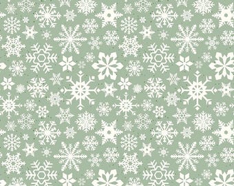 May include: A repeating pattern of white snowflakes on a pale green backdrop. The snowflakes vary in size and shape, creating a textured, wintery design. Ideal for festive or seasonal products, the pattern has a delicate, detailed appearance.