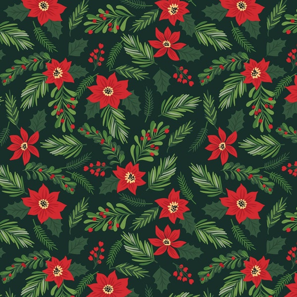 The Magic of Christmas Main | Dark Green Floral Poinsettias | Lori Whitlock | Riley Blake | Christmas Fabric by the Yard