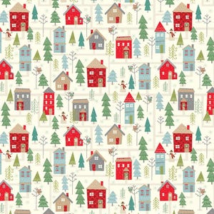 Puede incluir: Un patrón repetitivo con casas coloridas, árboles de hoja perenne y muñecos de nieve sobre un fondo crema. Las casas son rojas, grises y azules con diferentes colores de techo. Los árboles son verdes y los muñecos de nieve tienen narices de zanahoria naranja. El diseño tiene un ambiente caprichoso y festivo.