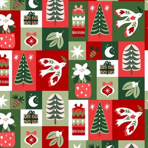 Puede incluir: Patrón navideño repetido con árboles estilizados, cajas de regalo, palomas y flores de Pascua. El diseño se presenta sobre cuadrados rojos, verdes y blancos, creando una estética festiva. Ideal para tela o papel de regalo.