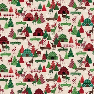 Urlaub auf dem Bauernhof kariert | Creme Bauernhaus Malerische | Barn Deer LKW | Kanvas von Benartex | Weihnachtsstoff