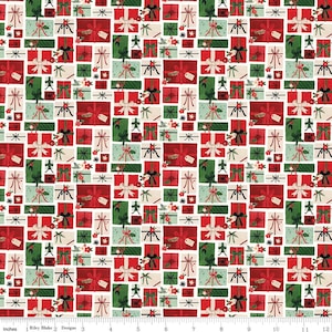May include: A repeating pattern of Christmas presents in red, green, and white. The gifts are wrapped with bows and ribbons, some with tags. The design includes small floral accents and is set against a white background. The image has a ruler along the bottom edge.