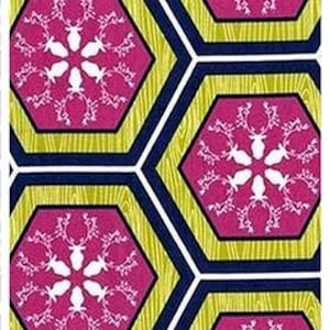 May include: Geometric pattern featuring hexagonal shapes with a floral design. The hexagons have a magenta center with a white floral pattern, outlined in black, and framed by a yellow-green border. The background is navy blue.