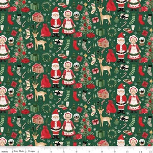 Charming Christmas Santa and Mrs. Claus Green | Vintage Style Holiday Fabric | by Kelsey Carlson for Riley Blake | Christmas Fabric