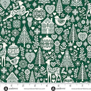 May include: A repeating pattern of white Christmas-themed illustrations on a dark green background. The design includes reindeer, birds, Christmas trees, ornaments, hearts, and houses. The fabric is suitable for holiday-themed crafts and decor.