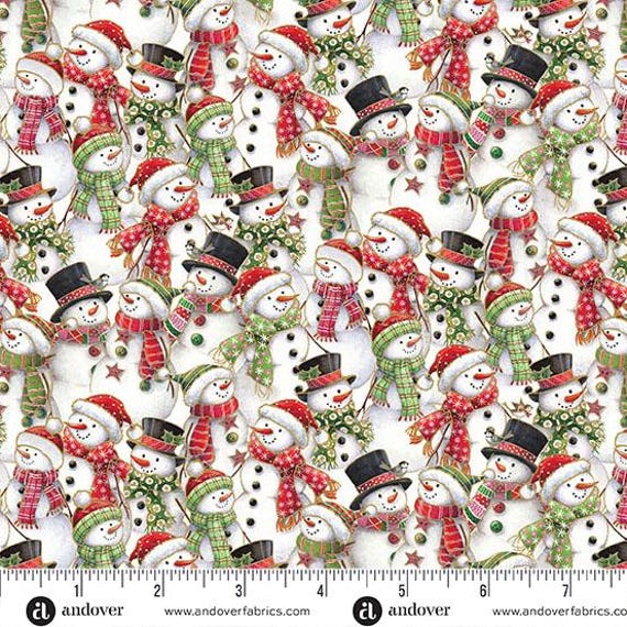 Jolly Saint Nick Snowman Parade | Packed Snowmen w Metallic Accents | Makower UK | Andover Fabrics | Christmas Fabric