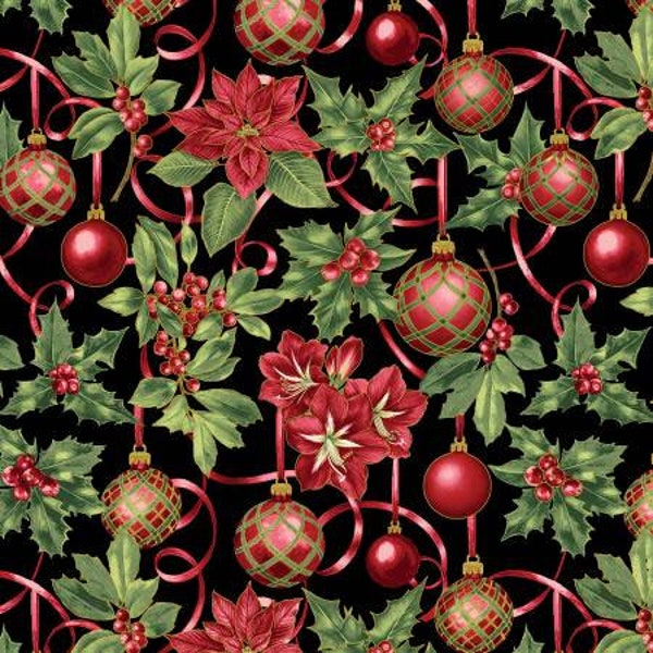 A Botanical Season Black w Metallic | Poinsettias and Ornaments | Benartex | Jackie Robinson | Christmas Fabric by the Yard