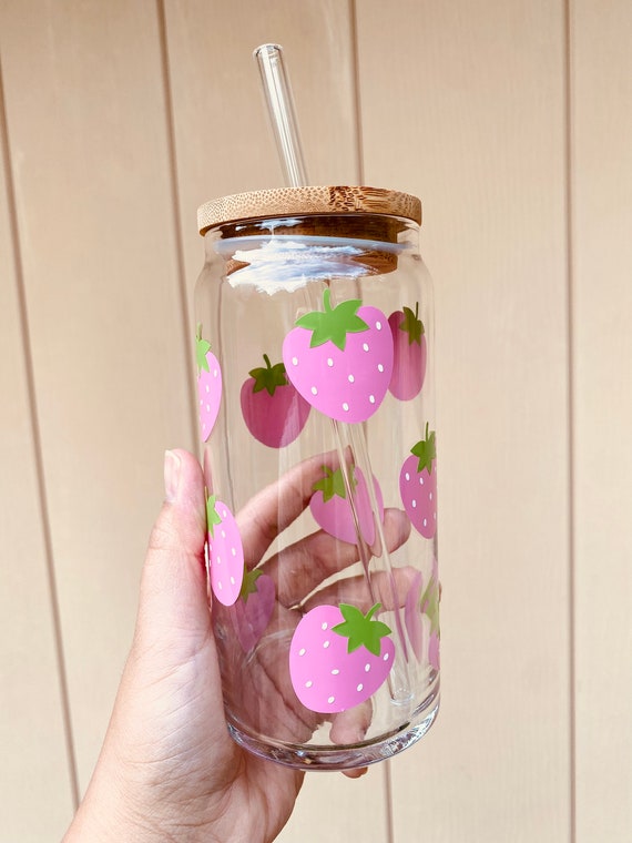 Strawberry Can Glass Cup w/Bamboo Lid & Straw