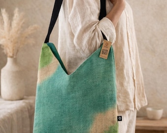 Blauwgroene schoudertas, draagtas van zachte mix, jute katoenen draagtas, alledaagse schoudertas, milieuvriendelijke draagtas