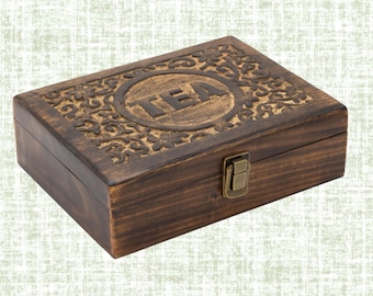 Large Mango Wood Tea Box | 12-Compartment Carved Tea Chest | Wooden Tea Bag Holder | Vintage Style Storage | Mindful Kitchen Gift