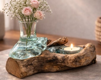 Molten Glass Small Flower Vase & Tealight Holder on Wood – Dual Use Sculptural Accent On Gamal wood Giftable Eco Decor