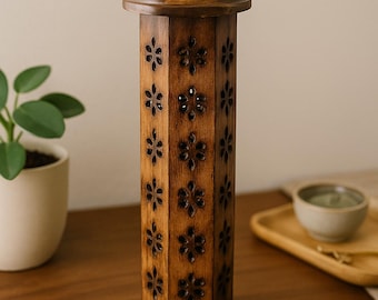 Mango Wood Hexagonal Incense Tower – Tall Wooden Incense Holder, Decorative Burner for Home Fragrance