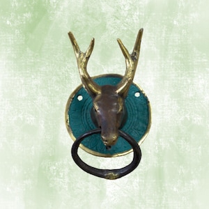 Stag&#39;s Head Brass Door Knocker – Antique Style Animal Knocker, Rustic Entry Decor, Gothic Home Gift
