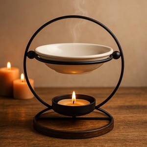 Könnte beinhalten: Aromatherapie-Ölverdampfer mit schwarzem Metallrahmen, weißer Keramikschale und Holzsockel. Unter der Schale brennt eine Kerze, aus der Schale steigt Dampf auf. Im Hintergrund befinden sich zwei brennende Kerzen.