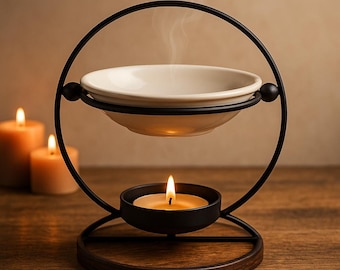 Quemador de aceite redondo de cerámica – Bol blanco sobre soporte de metal negro / Calentador de cera y aromas
