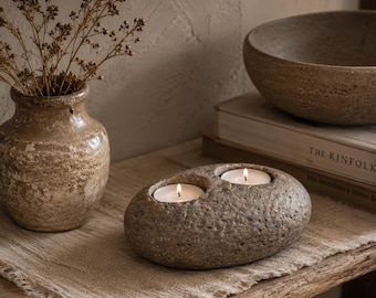 Riverstone Candle Holder, Natural Stone Tea Light Decor, Organic Modern Home Accent