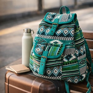 May include: A teal and green patterned backpack with two front pockets and brown leather buckles. A white water bottle and small notebook sit next to the backpack on a brown suitcase. The backpack has a top handle and teal straps.