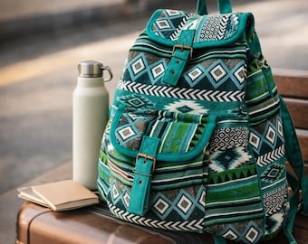 Handmade Teal Cotton Backpack,Jacquard Unisex  Boho Rucksack With Buckle Flap And Front Pocket,Patterned Travel School Everyday Bag