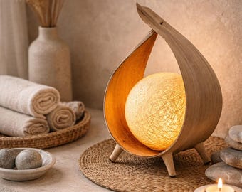 Natural Wood Coconut Leaf Table Lamp Sculptural Handmade Natural Calm Home Decor