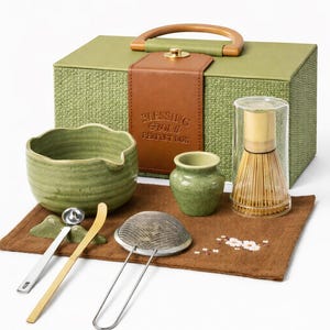Handmade 8 Piece Matcha Whisk Gift Set With Ceramic Bowl And Premium Storage Box-Gift Ready For Match Lovers-Plus Free Japanese Green Powder
