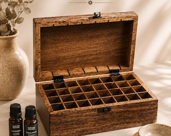 Mango Wood Essential Oil Storage Box, Handmade Floral Aromatherapy Box, Holds 32 Bottles, Wooden Organiser