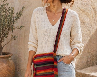 Large Nepal Sling Bag in Sunset Reds, Handmade Boho Cotton Crossbody Bag, Adjustable Strap Shoulder Bag, Everyday Artisan Travel Bag