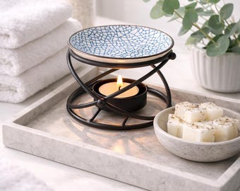 Metal Oil and Wax Burner With Ceramic Dish Modern Tealight Aroma Lamp Black Frame Home Fragrance