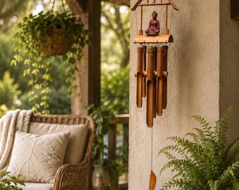 Natural Bamboo Windchime, Buddha Garden Ornament, Meditation Patio Decor, Outdoor Hanging