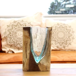 Molten  V-shaped Glass Art Vase  Wood & Glass Terrarium Vase – Rustic Sculptural Decor | Handmade Tabletop Planter or Flower Vase