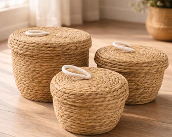 Seagrass Round Storage Baskets With Lids ,Set Of 3 Natural Woven Baskets With Cotton Loop Handles 29.5cm 26cm 21.5cm