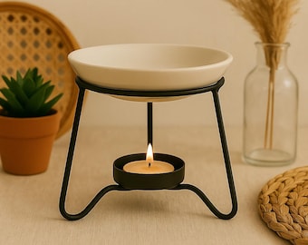 Simple Tripod Oil Burner – White Ceramic Bowl & Black Metal Stand | Wax Melt And Oil Warmer
