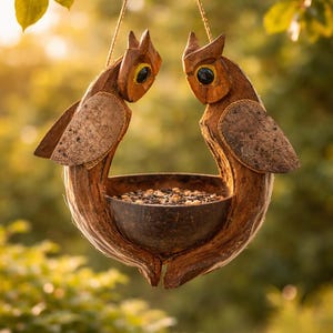 Könnte beinhalten: Ein hölzernes Vogelfutterhaus in Form von zwei sich zugewandten Eulen. Die Eulen haben braune Körper, beige Flügel und gelbe Augen. Das Futterhaus wird an einem Seil aufgehängt und ist mit Vogelfutter gefüllt. Der Hintergrund ist verschwommen mit grünem Laub.