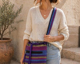 Handmade Nepal Shoulder Bag, Large Cotton Crossbody Purse, Striped Artisan Bohemian Travel Bag