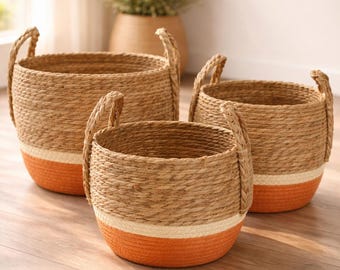 Set Of 3 Seagrass And Straw Storage Baskets,Natural Orange Woven Baskets With Handles ,36cm 30cm 18cm Boho Home Storage