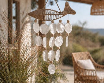 Coastal Fish Wall Hanging with Natural Shell Drops, Boho Beach Decor, Nautical Hanging Ornament, Driftwood Garden Decor, Ocean Gift
