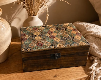 Large Ceramic-Lid Wooden Keepsake Box | 20 cm Boho Mosaic Jewellery Storage