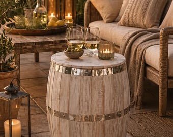 Taburete rústico de madera con forma de barril de cerveza, asiento de almacenamiento hecho a mano con acabado blanqueado, elemento decorativo para jardín, patio y hogar.