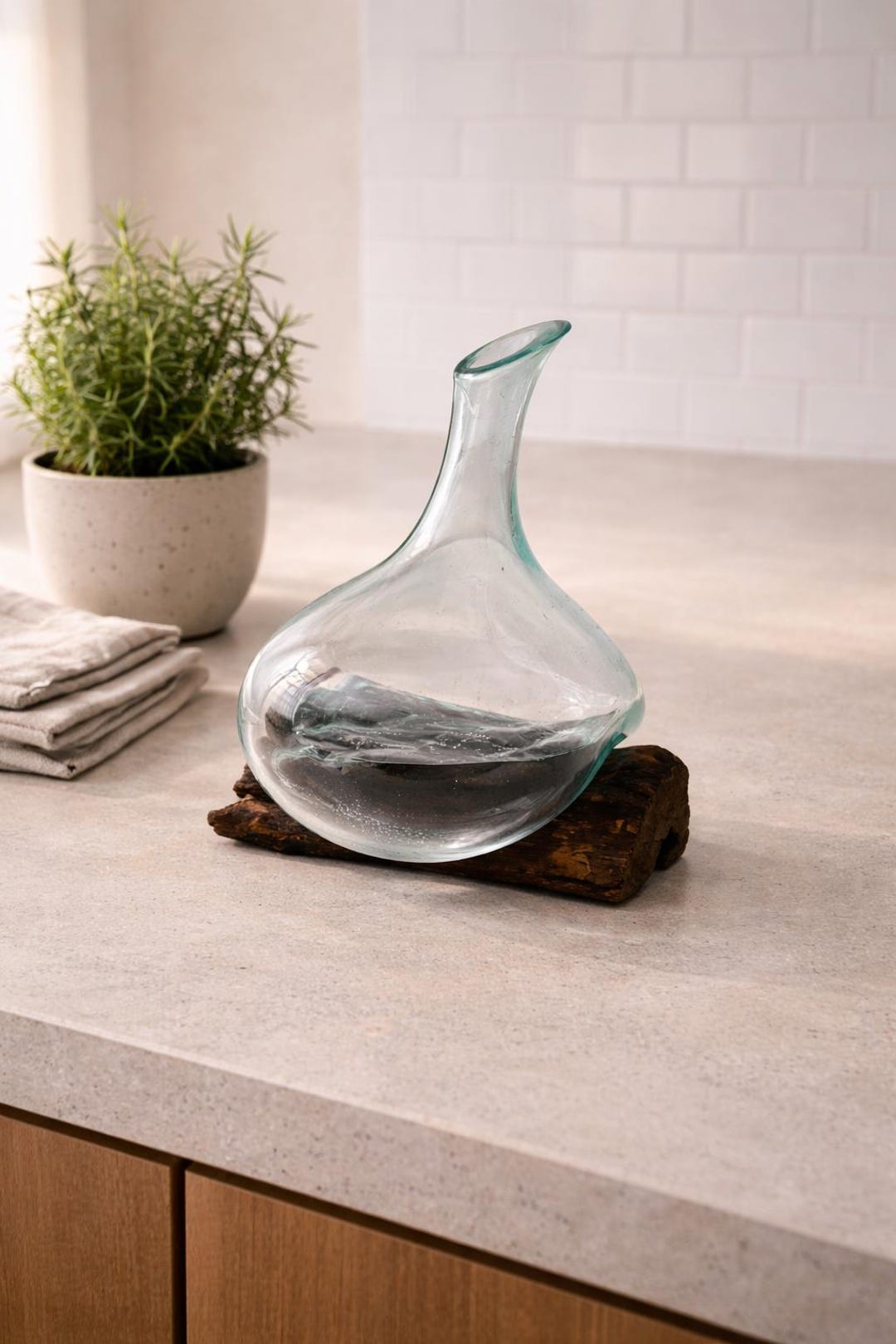 Molten Glass Mini Decanter On Wood Stand/ 20cm Eco Home Decor /Melted Glass Sculpture For Wine Or Water