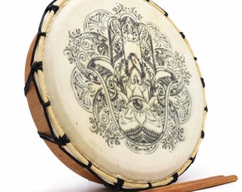 Hamsa-sjamanistische trommel, 30 cm suarhouten frame, natuurlijk geitenvel, inclusief twee stokken handgemaakte meditatietrommel voor spirituele genezing