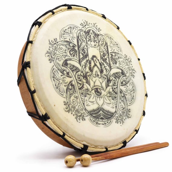 Hamsa Shamanic Drum, 30 cm Suar Wood Frame, Natural Goatskin Head, Includes Two Sticks Handcrafted Meditation Drum for Spiritual Healing
