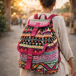 May include: A vibrant backpack featuring a geometric design in pink, orange, green, black, and white. It has pink straps and buckles. The person is wearing a light-coloured shirt.