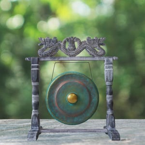 35cm Balinese Temple Gong   Hand Carved Stand And Mallet  Meditation And Sound Healing Gong  Free UK Shipping  Greenwash Dragon Frame Gong