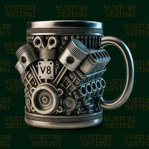 Könnte beinhalten: Eine silberfarbene Tasse mit detailliertem Motorblock-Design. Die Tasse zeigt Kolben, ein V8-Emblem und andere mechanische Komponenten. Der Griff ist ein einfaches, gebogenes Design. Ein einzigartiges Geschenk für Autoenthusiasten.