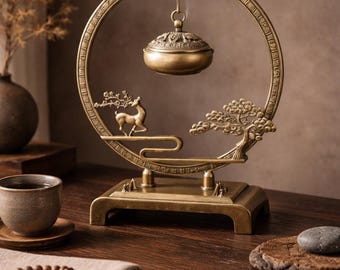 Hangende wierookhouder – metalen cirkel wierookvat met herten en dennen, decor zen-altaar, kegelbrander, aromatherapiecadeau, sculptuur op tafel
