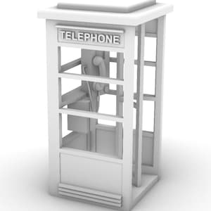 Könnte beinhalten: Eine weiße Telefonzelle im Vintage-Stil mit dem Wort "TELEPHONE" auf der Vorderseite.