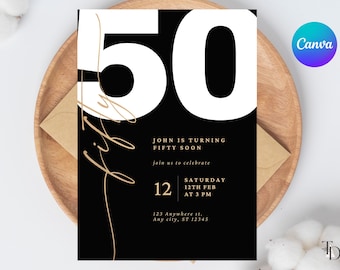 50th Birthday Party Invitation: Black & White Dinner Template (Digital Download)