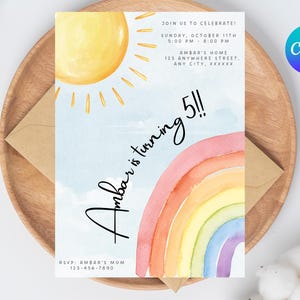 May include: A birthday invitation featuring a watercolour design with a sun, rainbow, and the text "Ambar is turning 5!!". The invitation includes event details and RSVP information. The design is set on a wooden tray with an envelope.