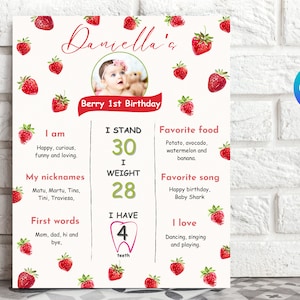 Plantilla de signo de hito del primer cumpleaños de Berry, signo de primer cumpleaños de fresa, tablero de hitos de fresa editable, primer cumpleaños de bayas de niña