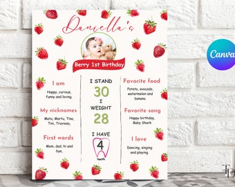 Strawberry 1st Birthday Milestone Sign Template (Digital Download)